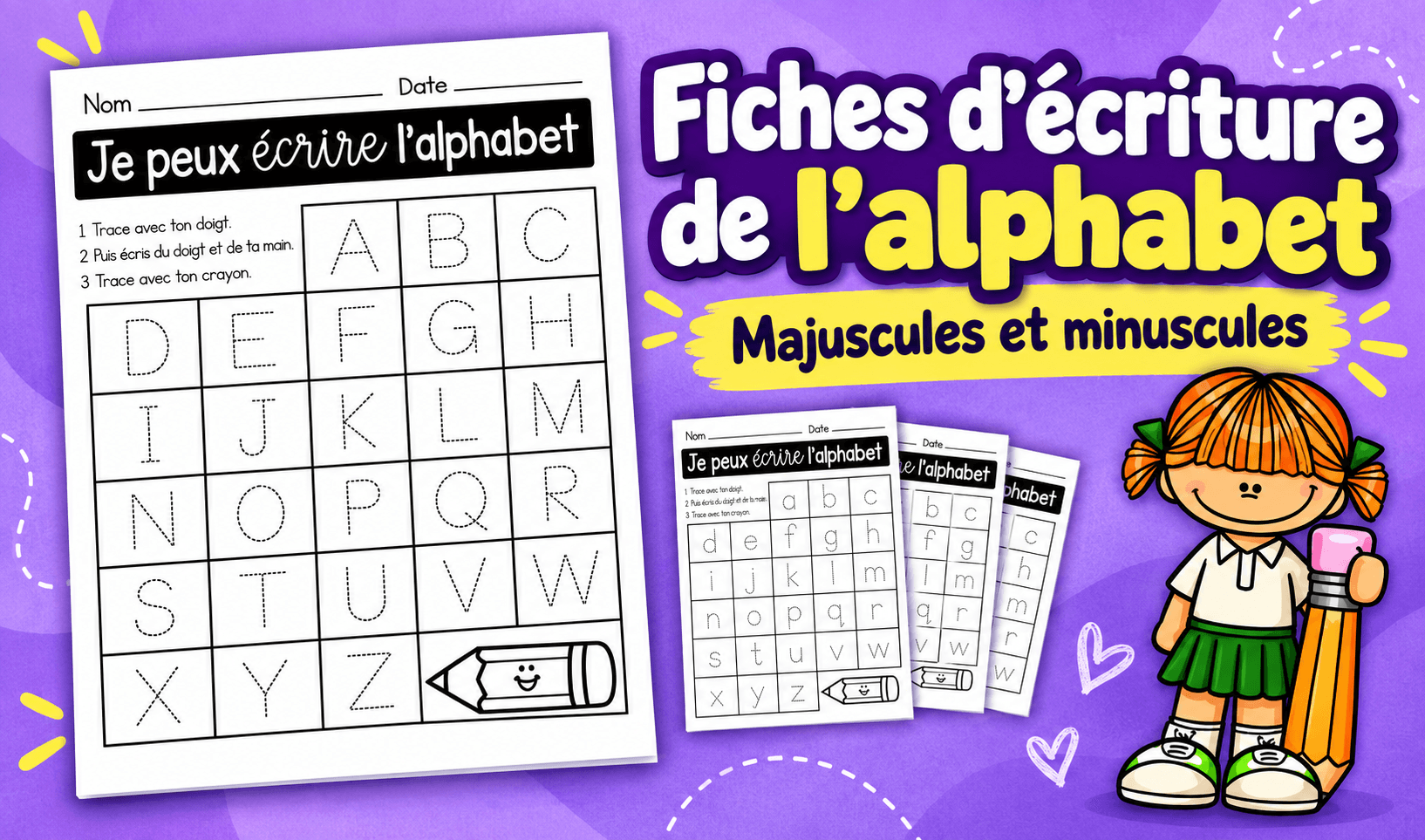 Ressource educative TPT - Fiches d’écriture et de traçage de l’alphabet en français : majuscules et minuscules